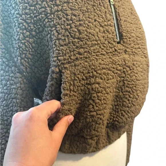 Brown Sherpa Zaful teddy Cropped pullover Size M 3/4 zip sweater womens crop top - Picture 2 of 6